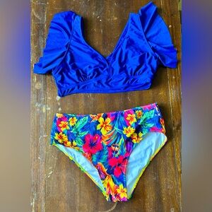 SHEIN Royal Blue Ruffle Top and Hawaiian Print High-waisted Bikini Bottom